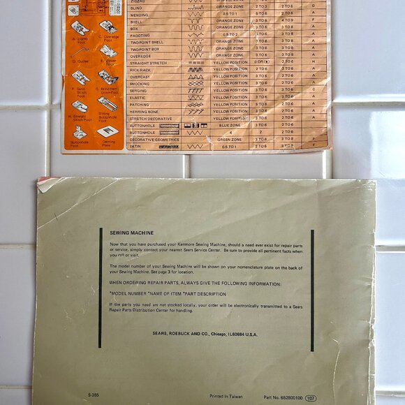 Kenmore sewing machine manual 385.1884180 and Stitch Insert - Acceptable Cond - Picture 2 of 8